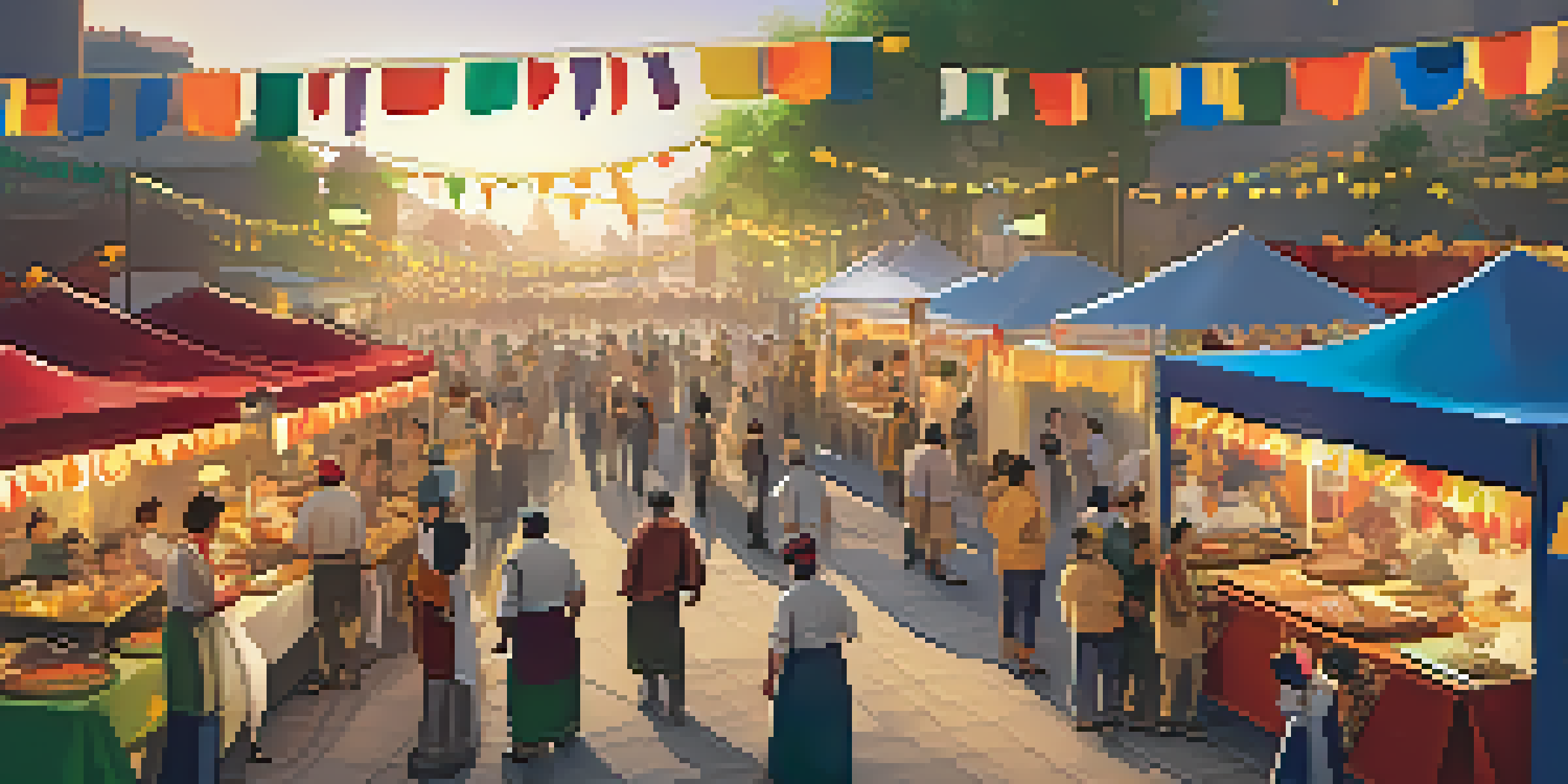 A lively food festival with colorful stalls and happy visitors sampling food.