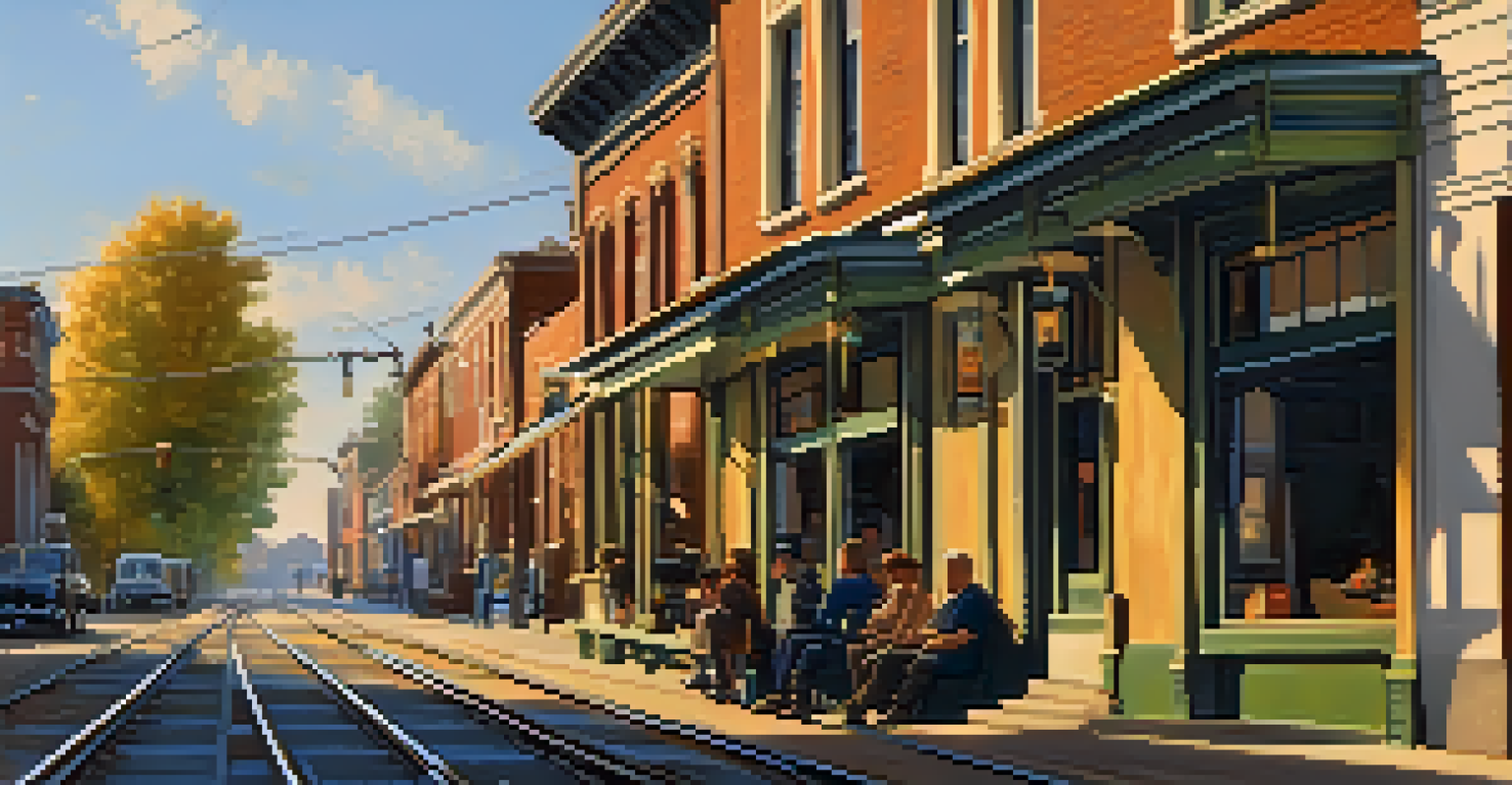 A small town seen from a train window, featuring vintage buildings and trees under the golden afternoon sun.