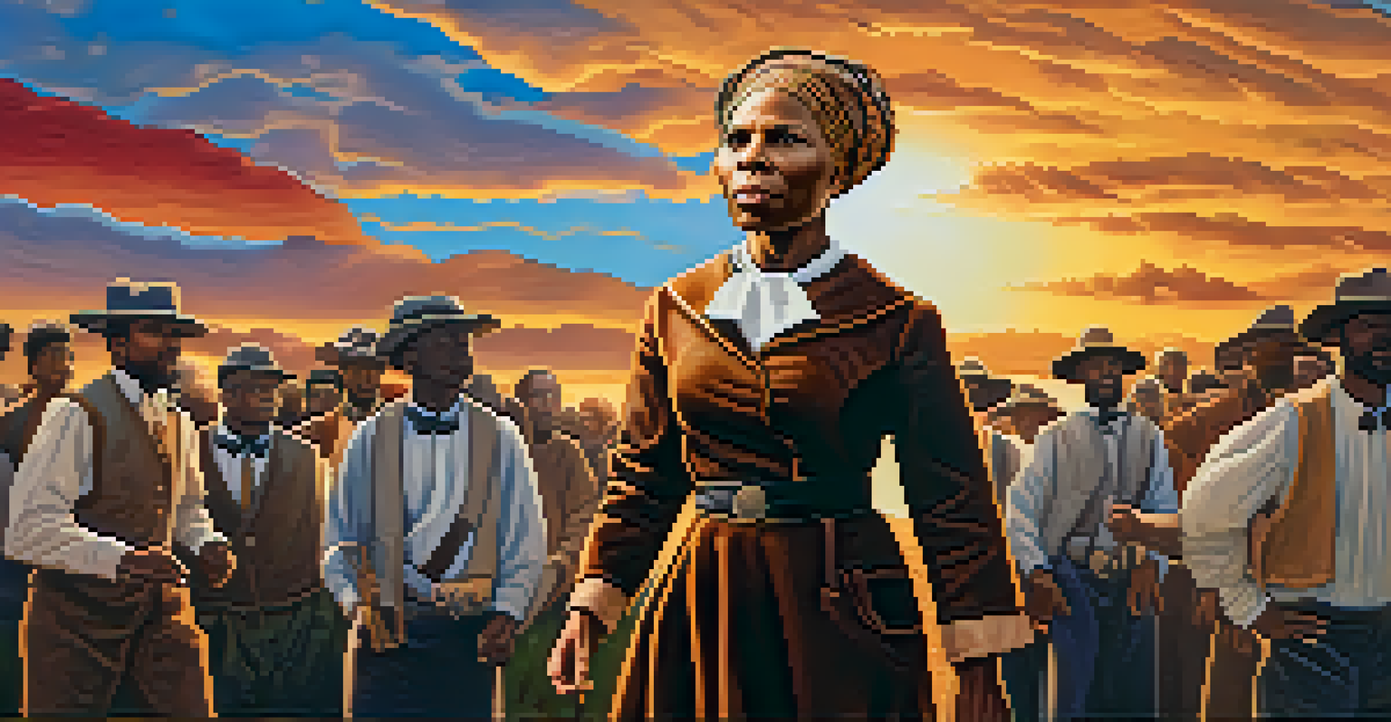 A colorful mural of Harriet Tubman leading a diverse group toward freedom under a bright sunrise.