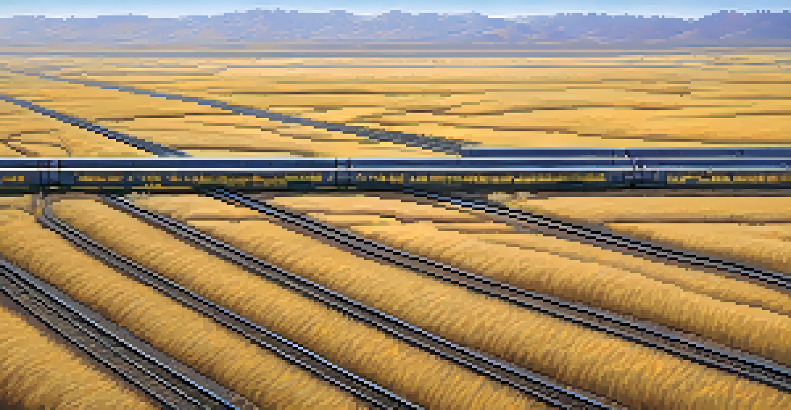An aerial view of a vast railroad network in the Great Plains, with trains on tracks amidst golden fields and mountains in the background.