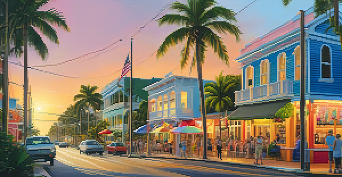 A lively street in Key West with colorful buildings and rainbow flags, filled with diverse people during sunset.
