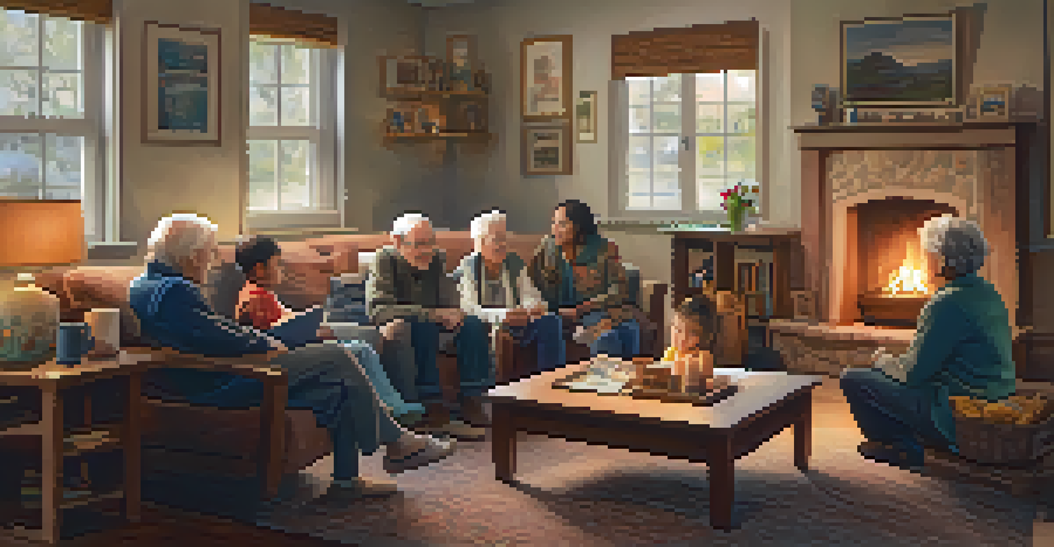 An elder sharing stories with children in a cozy living room, filled with warmth and family photos.
