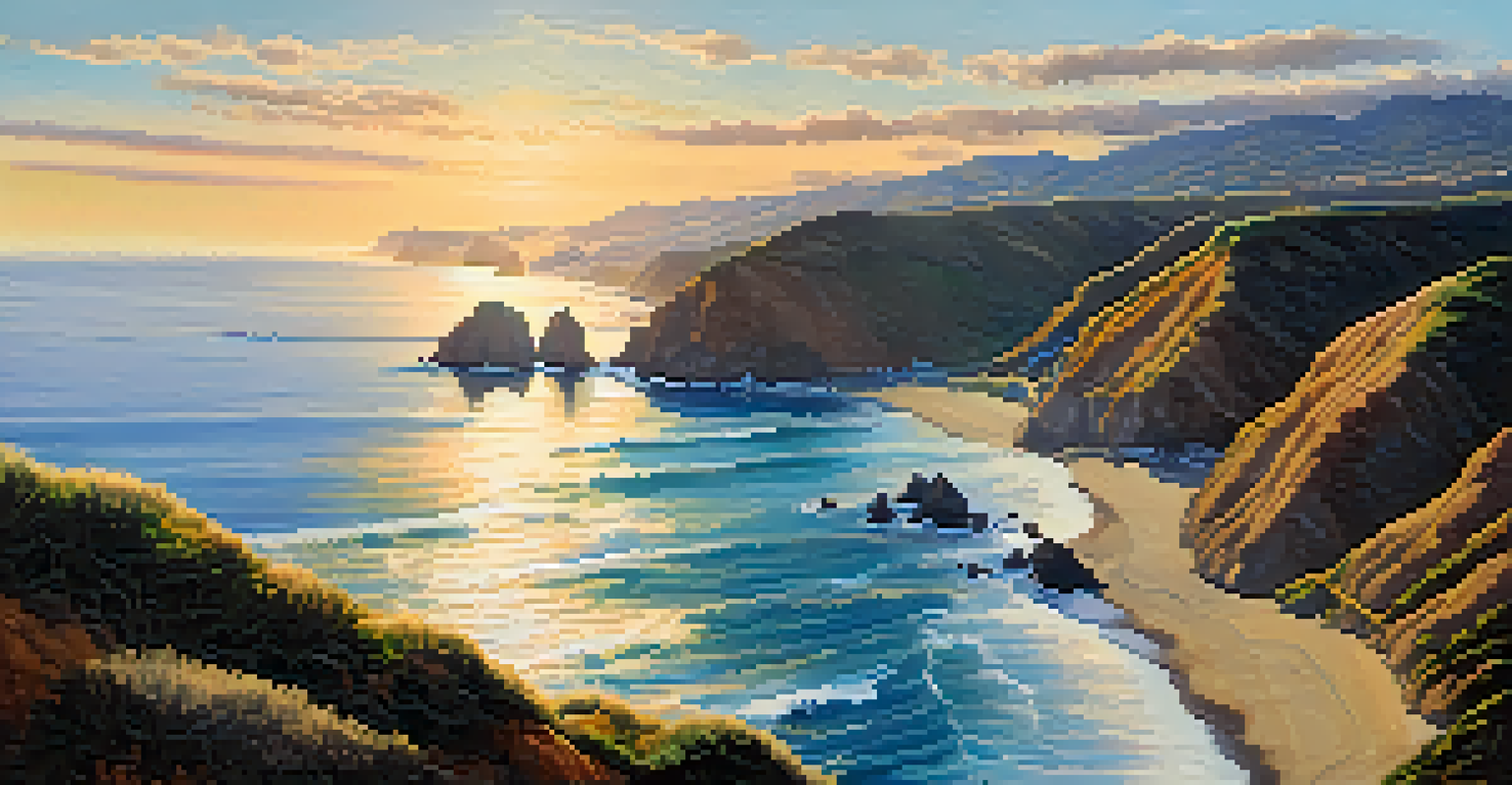 An aerial view of a cyclist on the Pacific Coast Highway with the ocean and cliffs in the background during sunset.