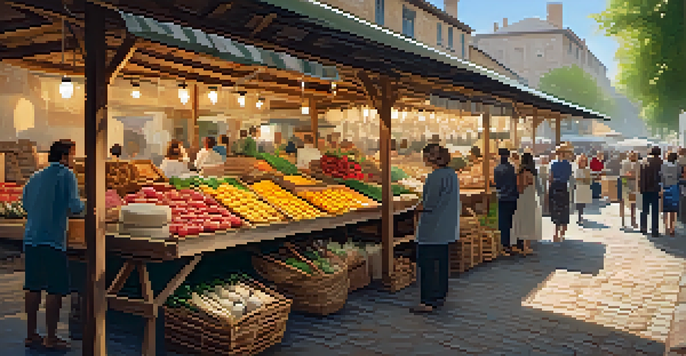 A lively artisan food market with colorful stalls, fresh produce, and sunny atmosphere, featuring vendors and shoppers enjoying the experience.