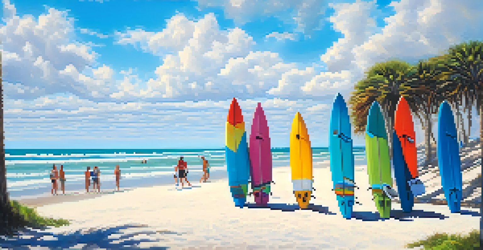 A sunny day at Cocoa Beach with surfers paddling in turquoise waters and colorful umbrellas on the sand.