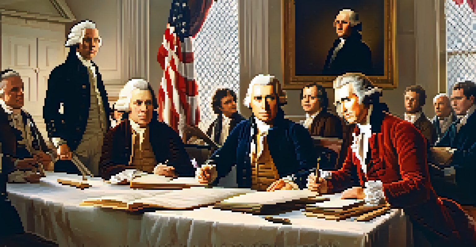 A historical scene illustrating the signing of the Declaration of Independence inside Independence Hall, with delegates in period attire and warm lighting.