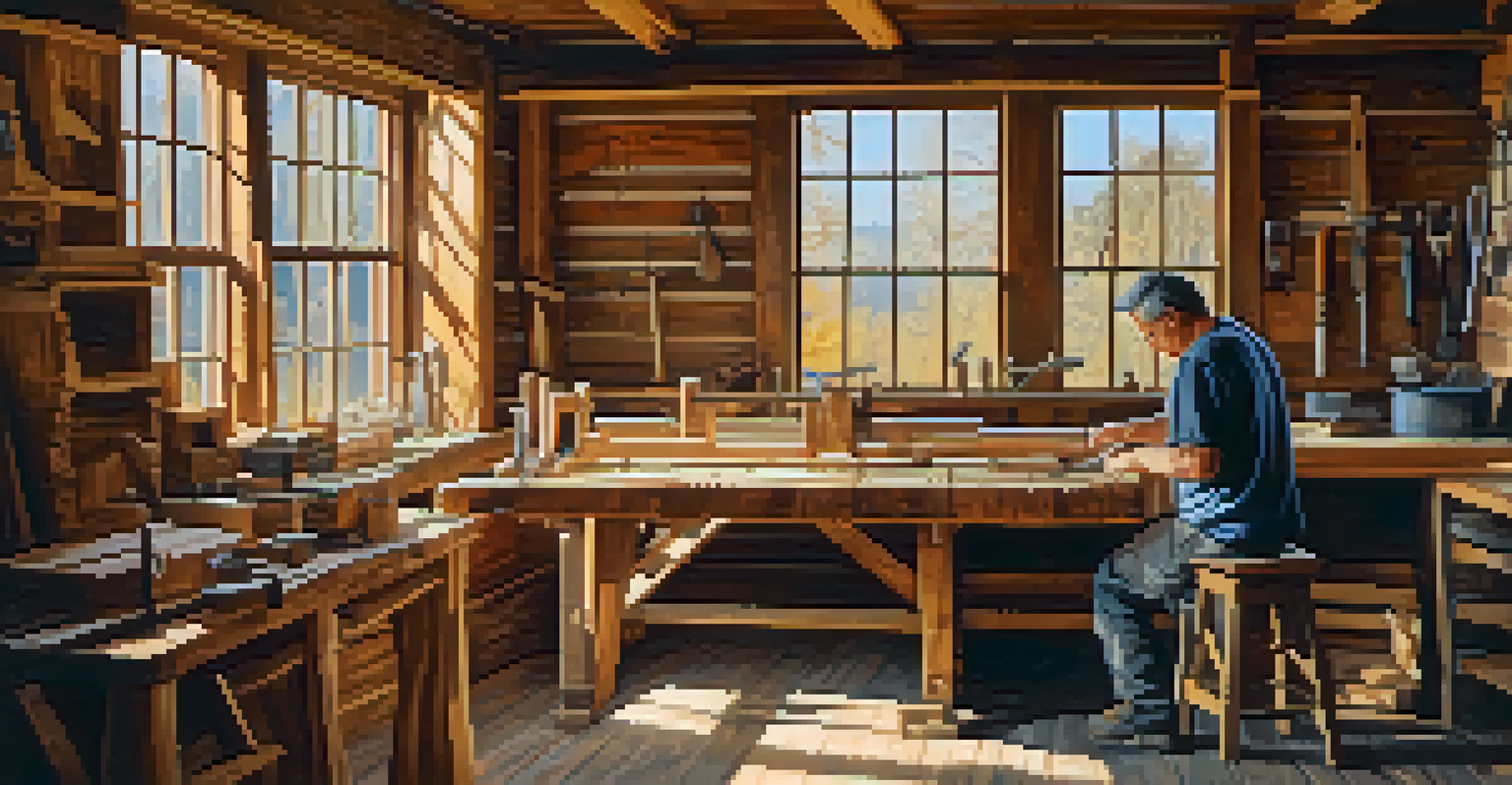 A woodworker in their workshop shaping reclaimed wood into furniture, with tools and wood shavings in warm afternoon light.
