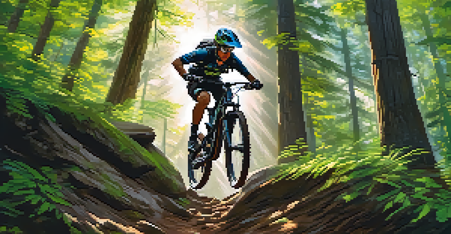 A mountain biker mid-air over a jump on a rocky forest trail, with sunlight filtering through the trees.