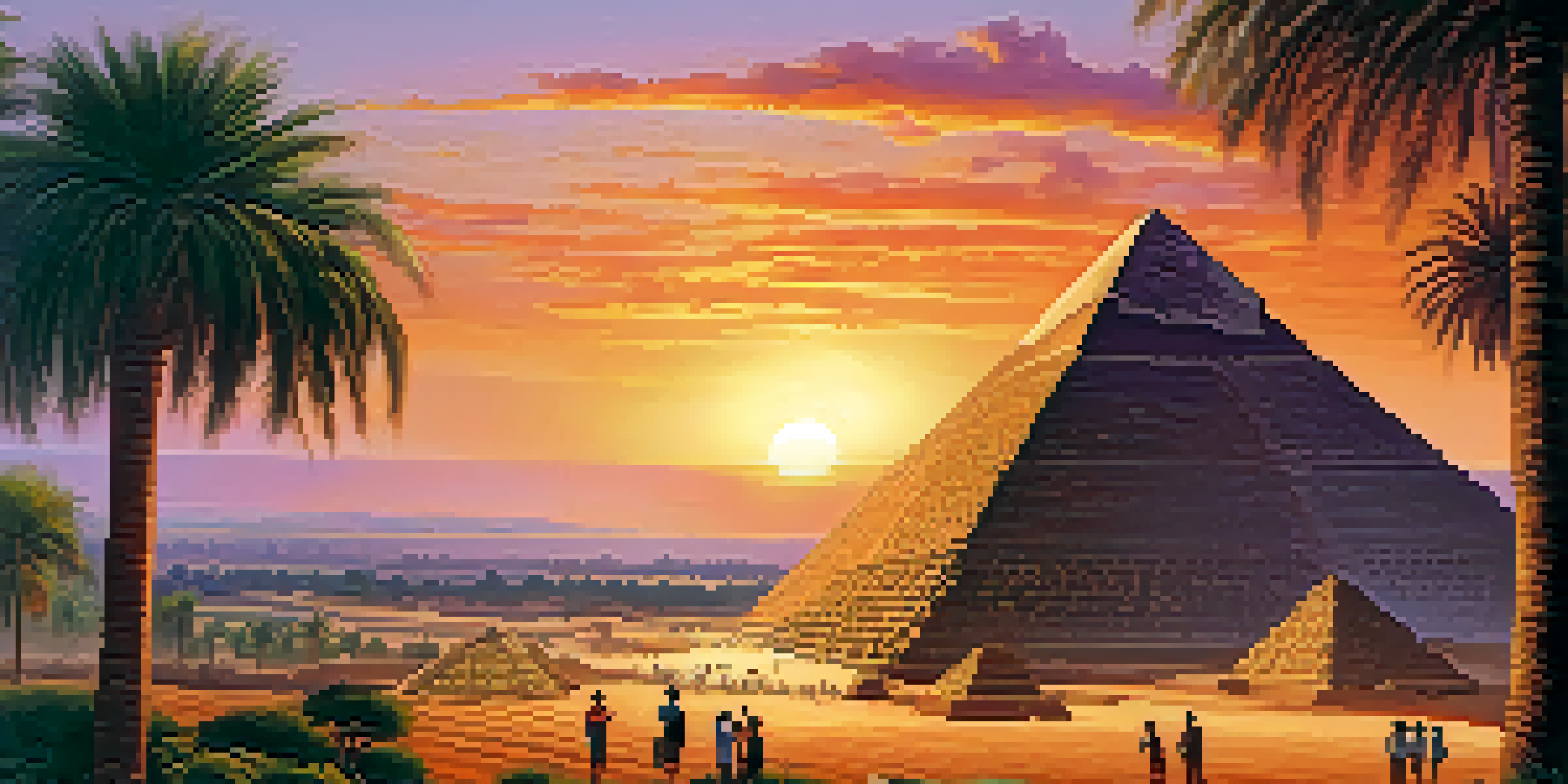 A scenic view of the Pyramids of Giza during sunset with tourists in the foreground.