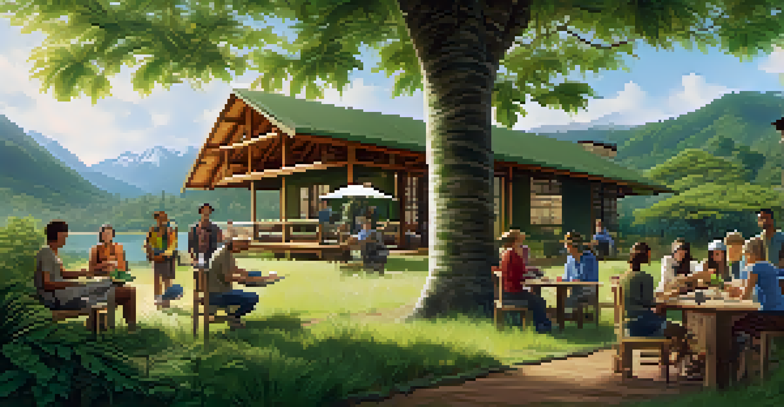 Travelers participating in a tree planting activity at an eco-friendly lodge surrounded by greenery.