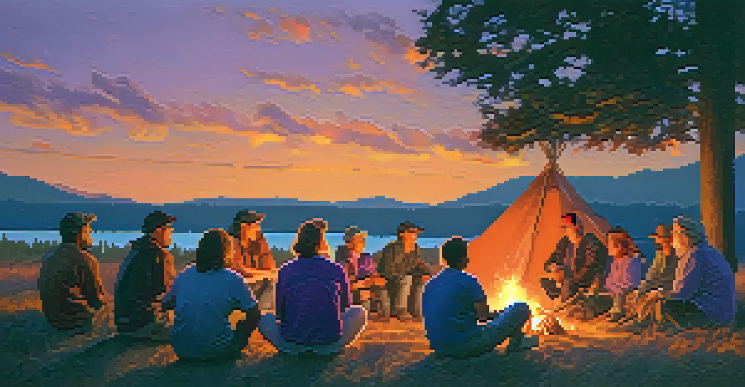 A group of volunteers and attendees sitting around a campfire at sunset during an outdoor festival, with a colorful sky in the background.