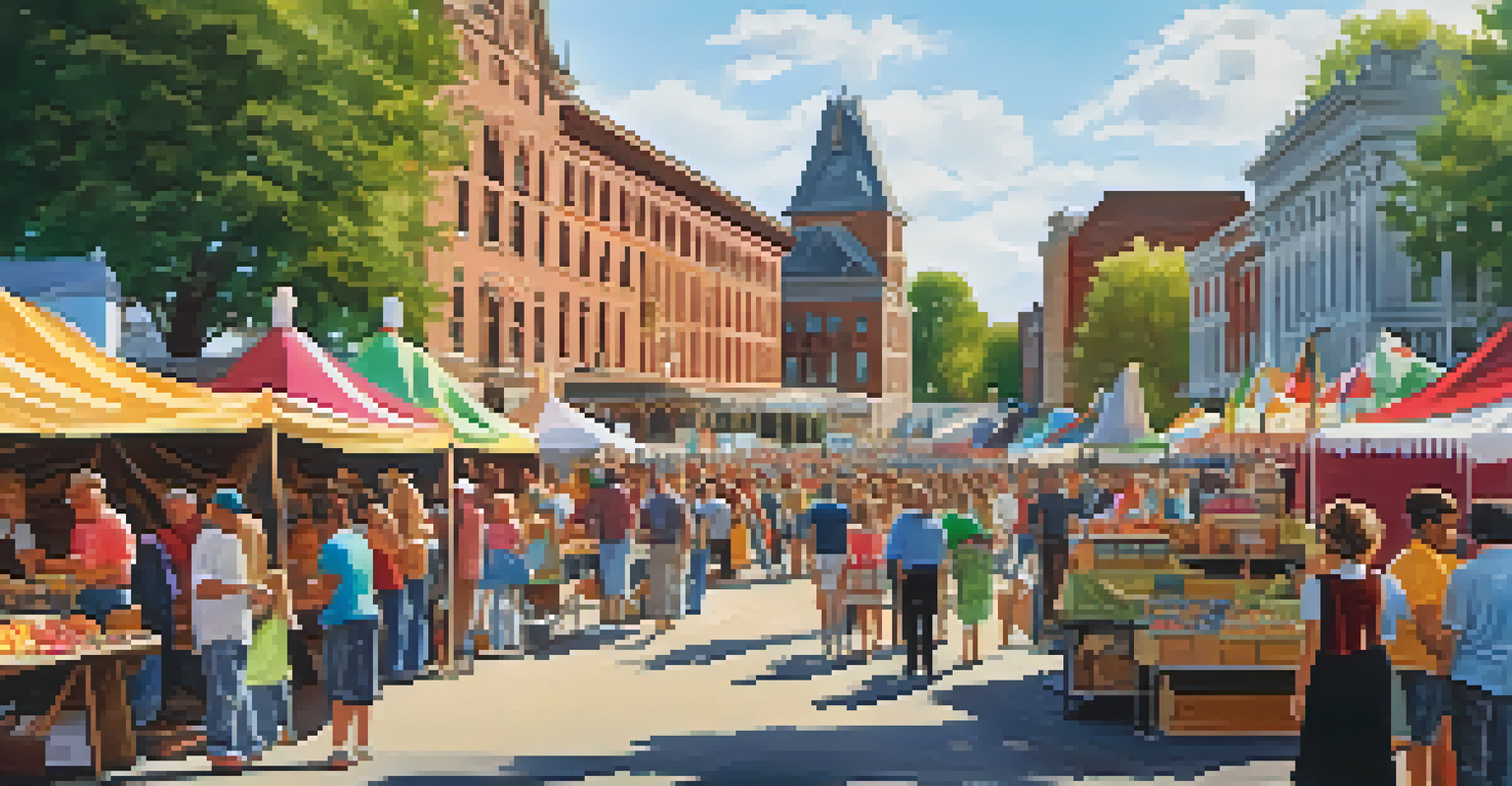 A lively community event in front of a historic landmark with tents, stalls, and people enjoying the fair.