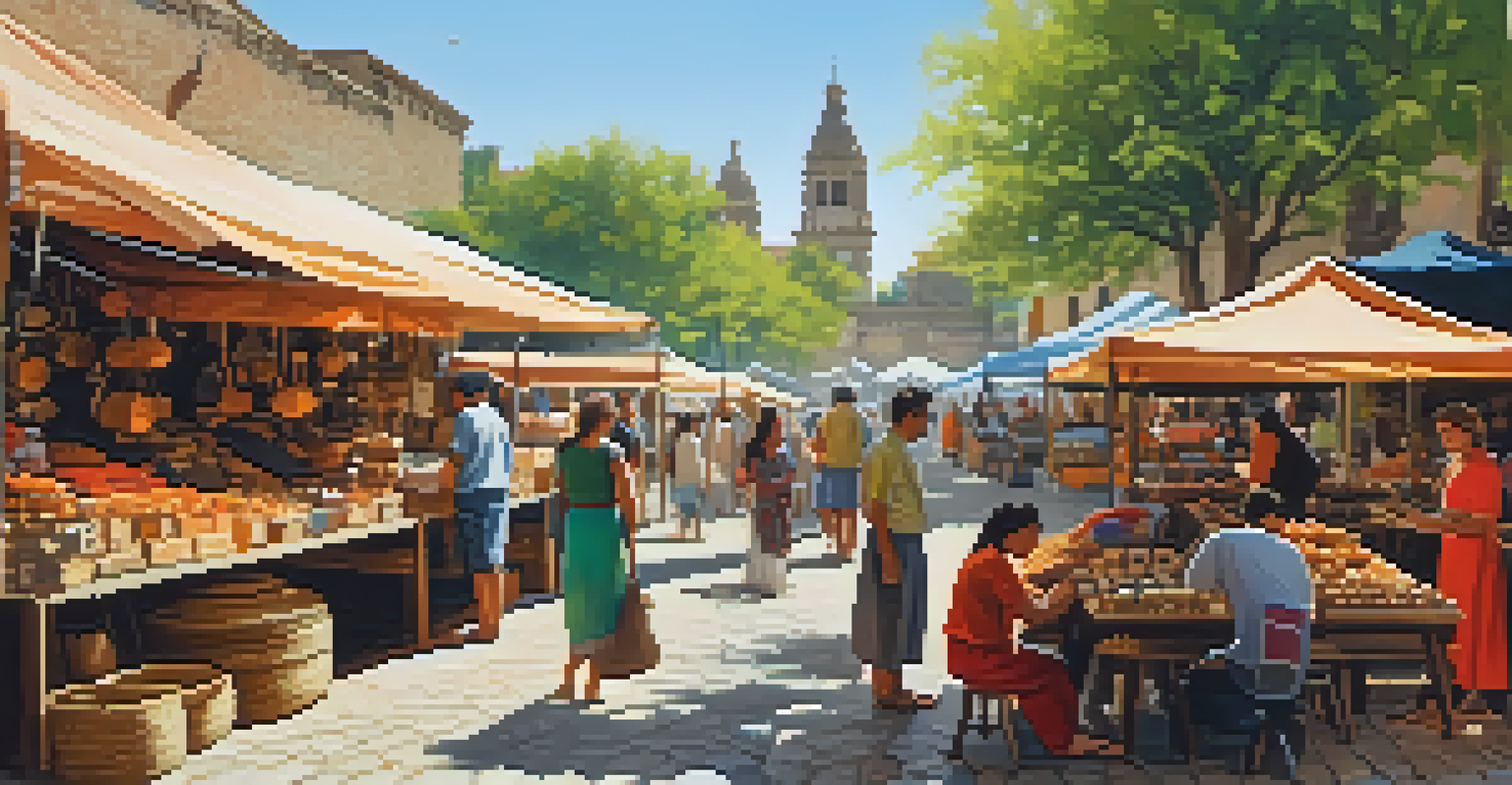 An outdoor market with artisans showcasing handmade goods like pottery and textiles, with shoppers interacting under colorful canopies.