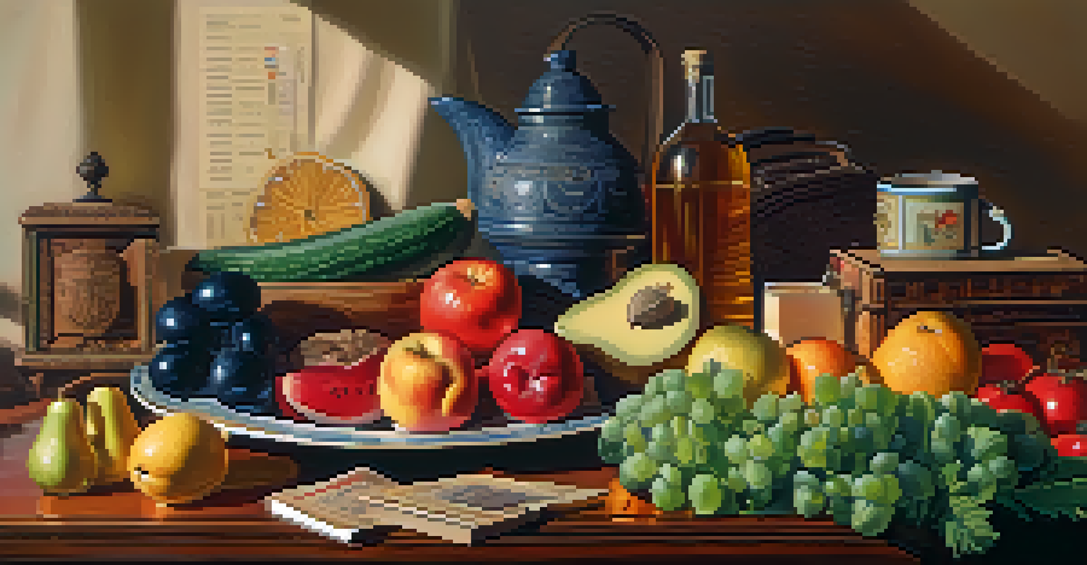 An array of customs items like fruits and souvenirs on a table with a customs declaration form in the background.