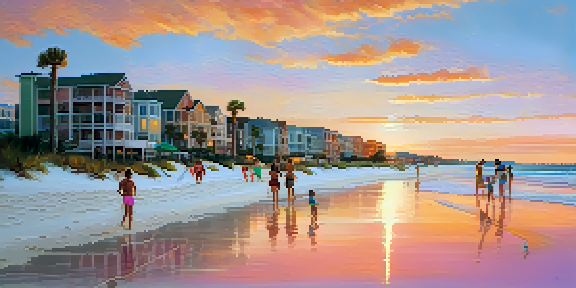 A beautiful sunset over a beach in Destin, Florida, with families enjoying the water and children building sandcastles.