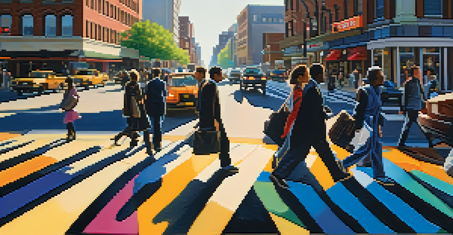 A busy city crosswalk with pedestrians waiting to cross and cars at a traffic light.