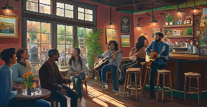 An intimate coffee shop setting with a local musician performing, surrounded by a diverse audience enjoying the music.