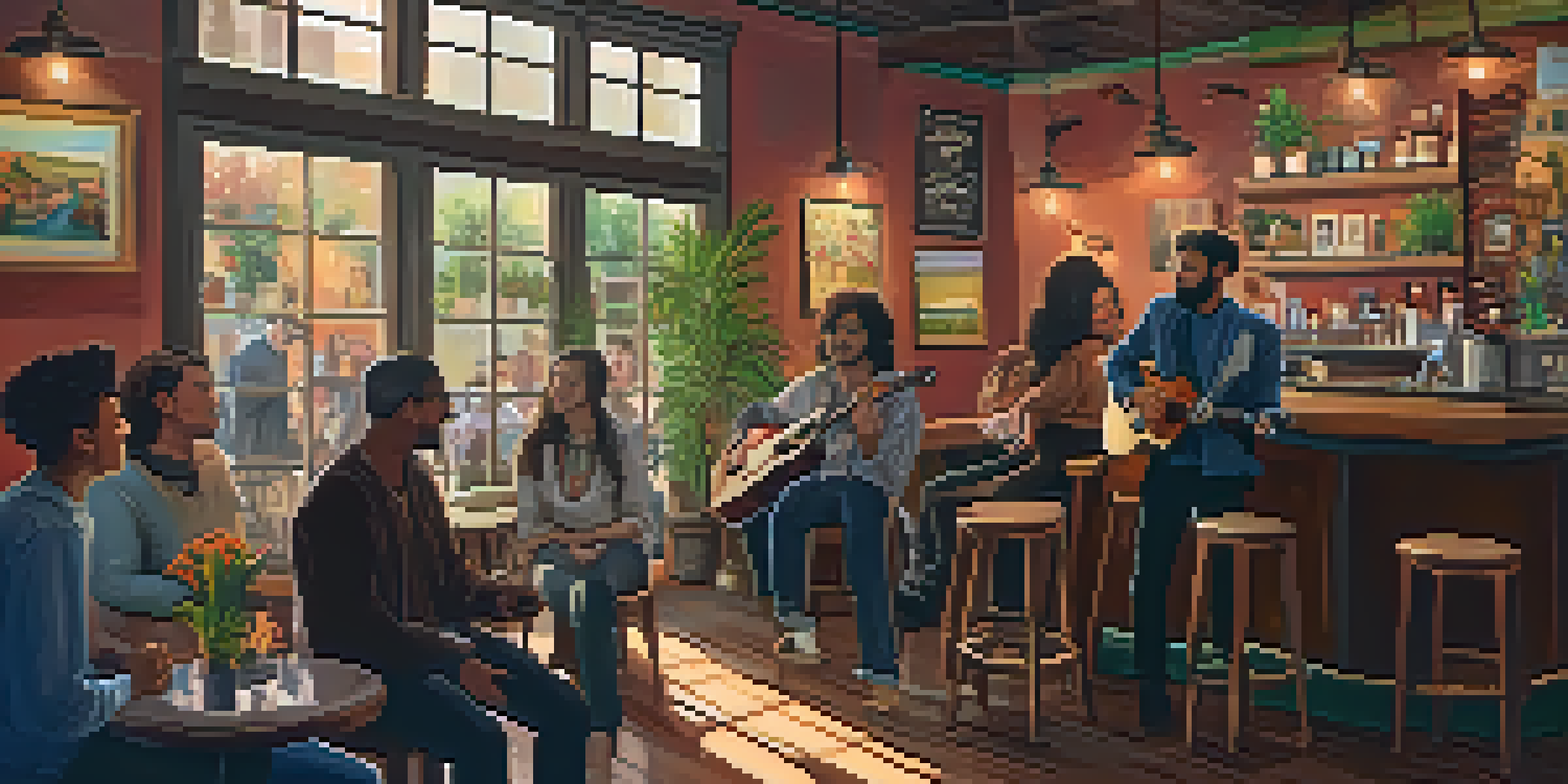 An intimate coffee shop setting with a local musician performing, surrounded by a diverse audience enjoying the music.