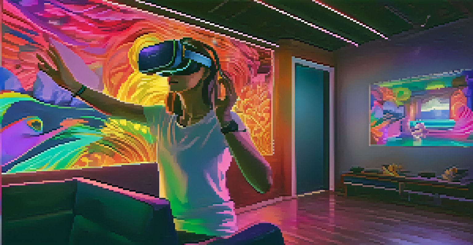 A person in virtual reality goggles, engaging with a colorful animated world in a dimly lit room.