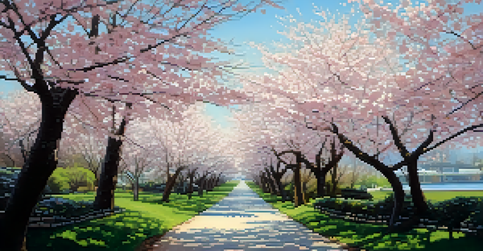 A scenic view of cherry blossoms blooming under a bright blue sky in Washington, D.C.