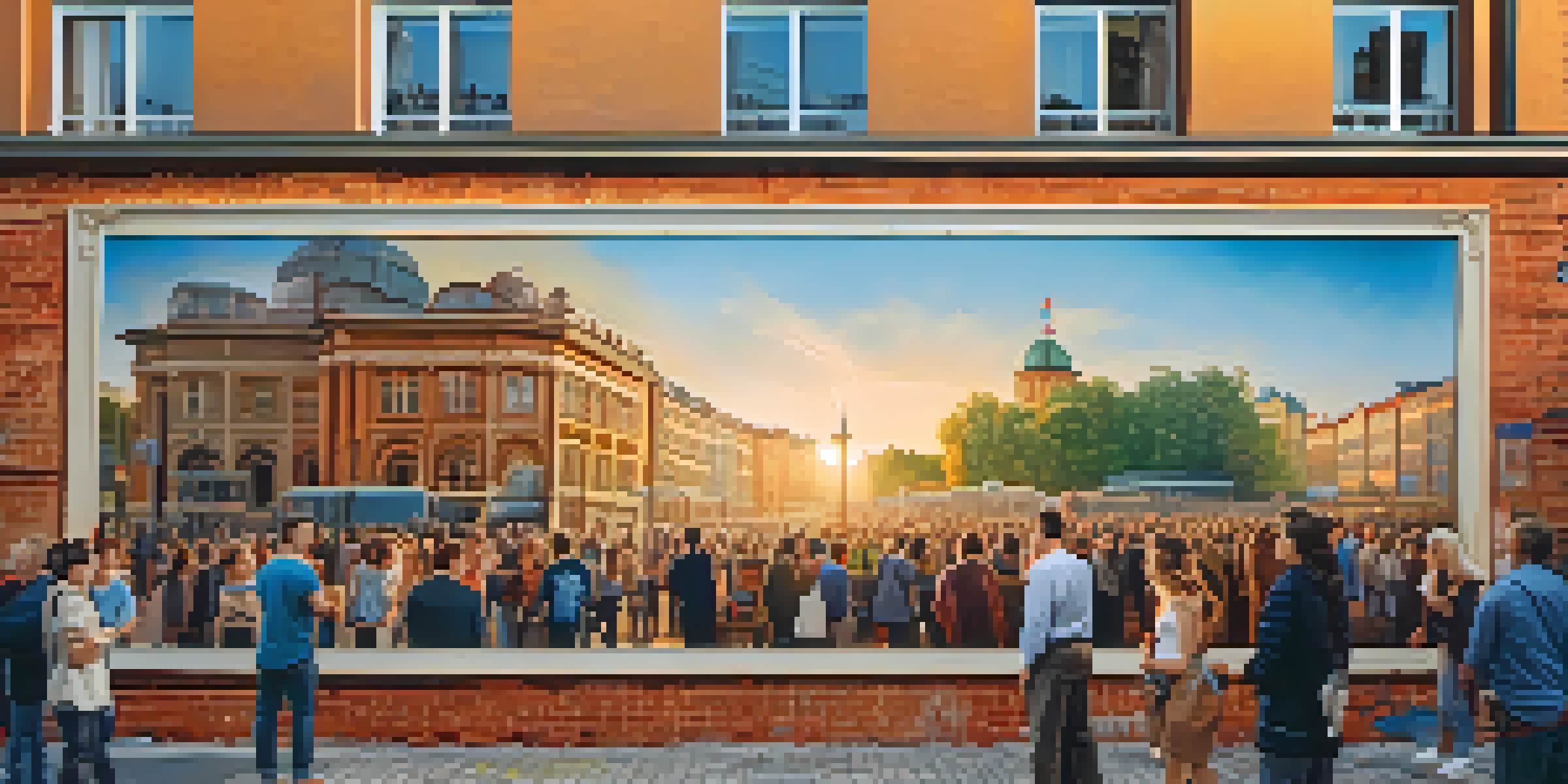 A colorful mural on a brick wall in Berlin, with people admiring the artwork under warm sunlight.