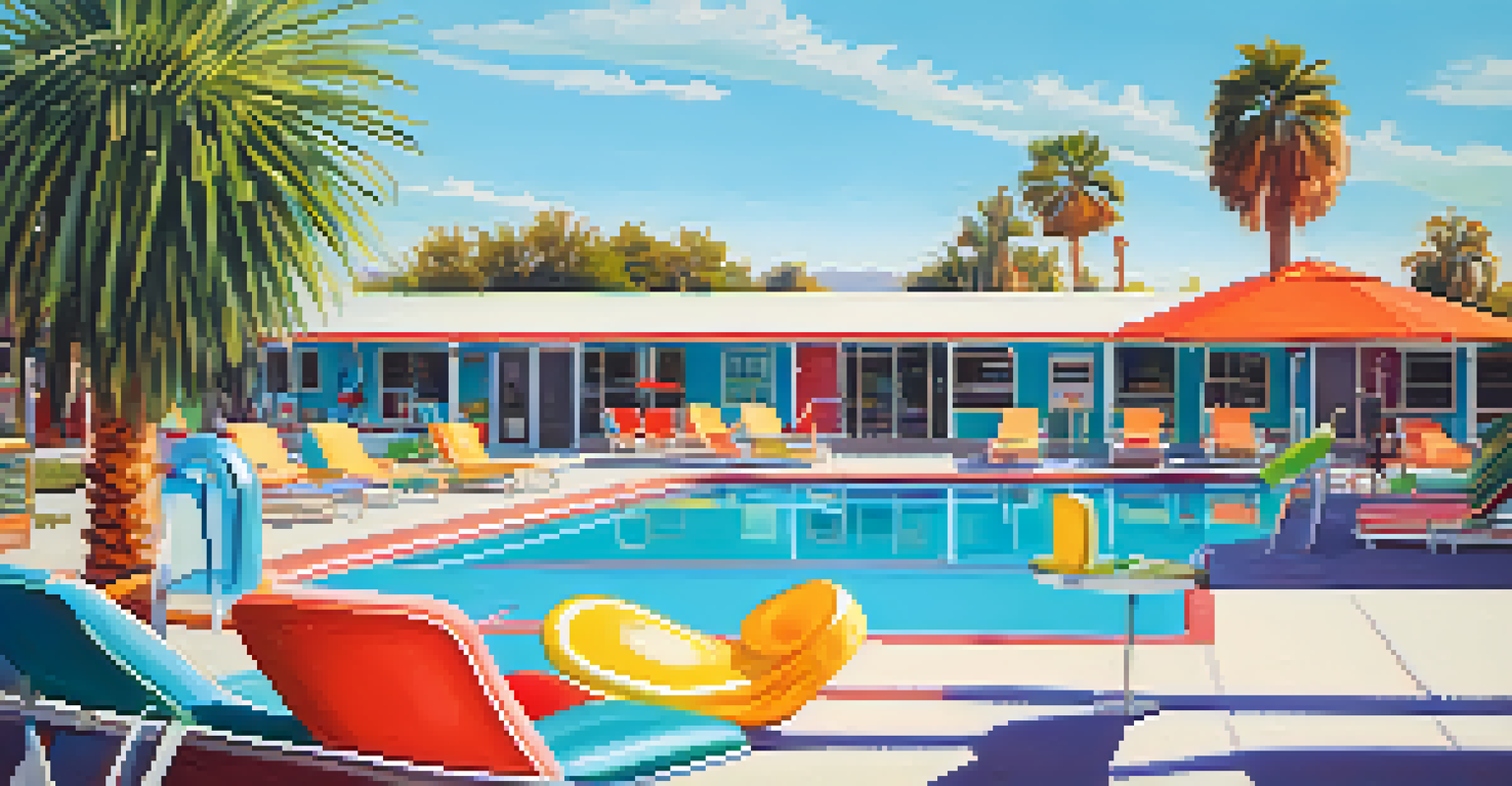 A sunny outdoor pool area at a retro motel, with colorful lounge chairs and a diner in the background.