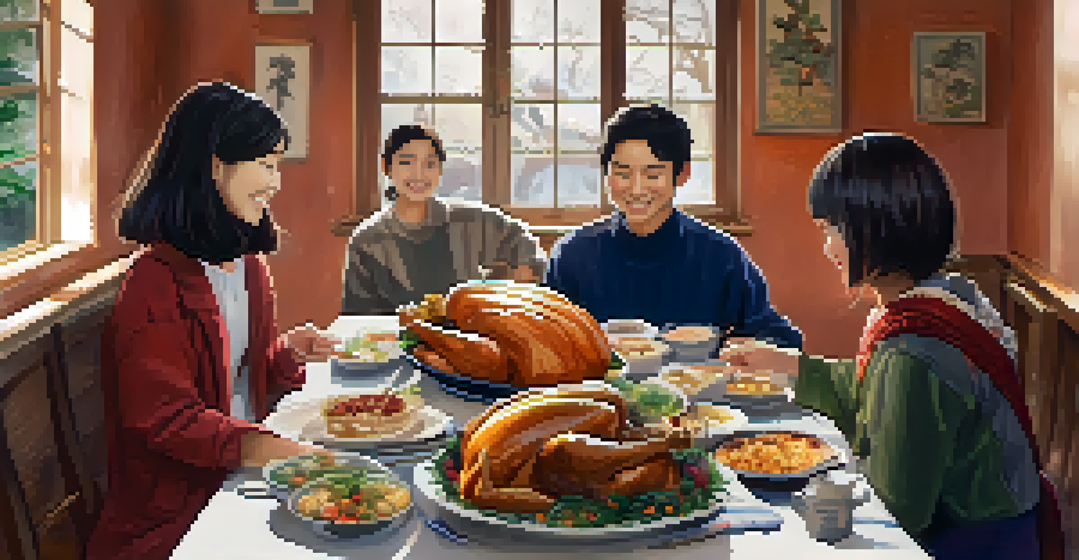 Two students from different countries sharing a Thanksgiving meal, surrounded by traditional dishes and a warm, joyful atmosphere.