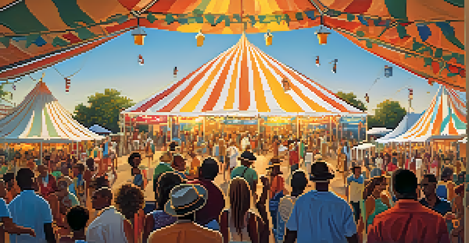 A crowd enjoying a jazz performance at the New Orleans Jazz & Heritage Festival with colorful tents and food stalls.