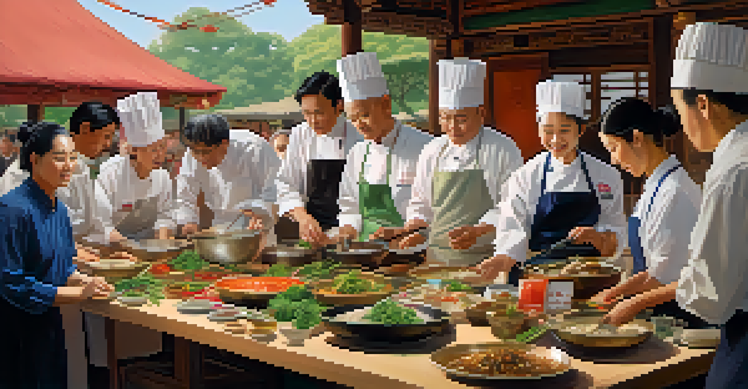 A cooking workshop with a chef teaching a diverse group how to prepare traditional Asian dishes.