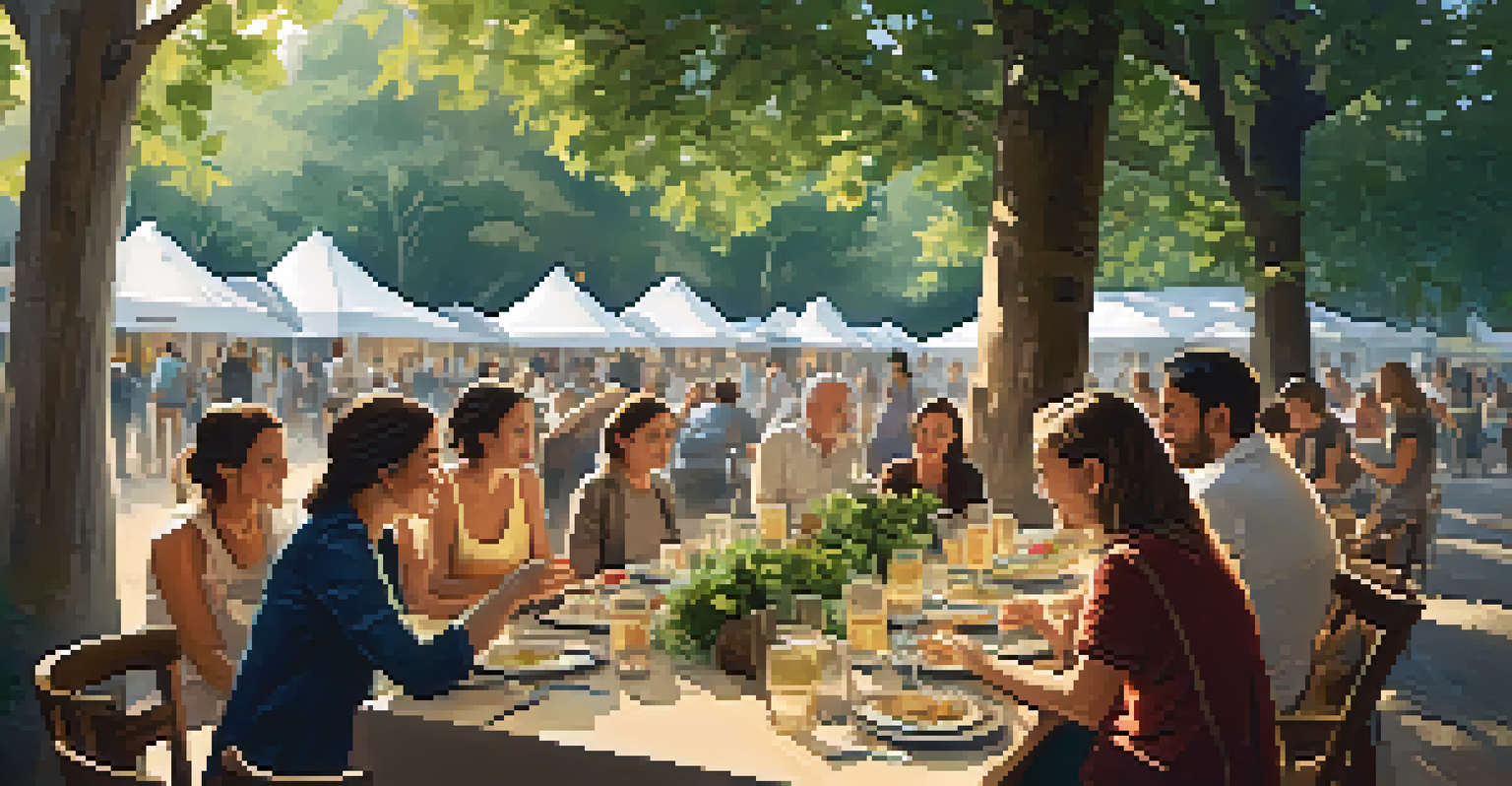 A communal dining experience at a food festival with guests sharing traditional dishes under leafy trees.