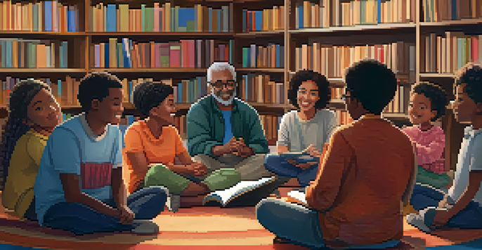 A diverse group of people sitting in a circle in a library, sharing stories in a warm and inviting atmosphere.