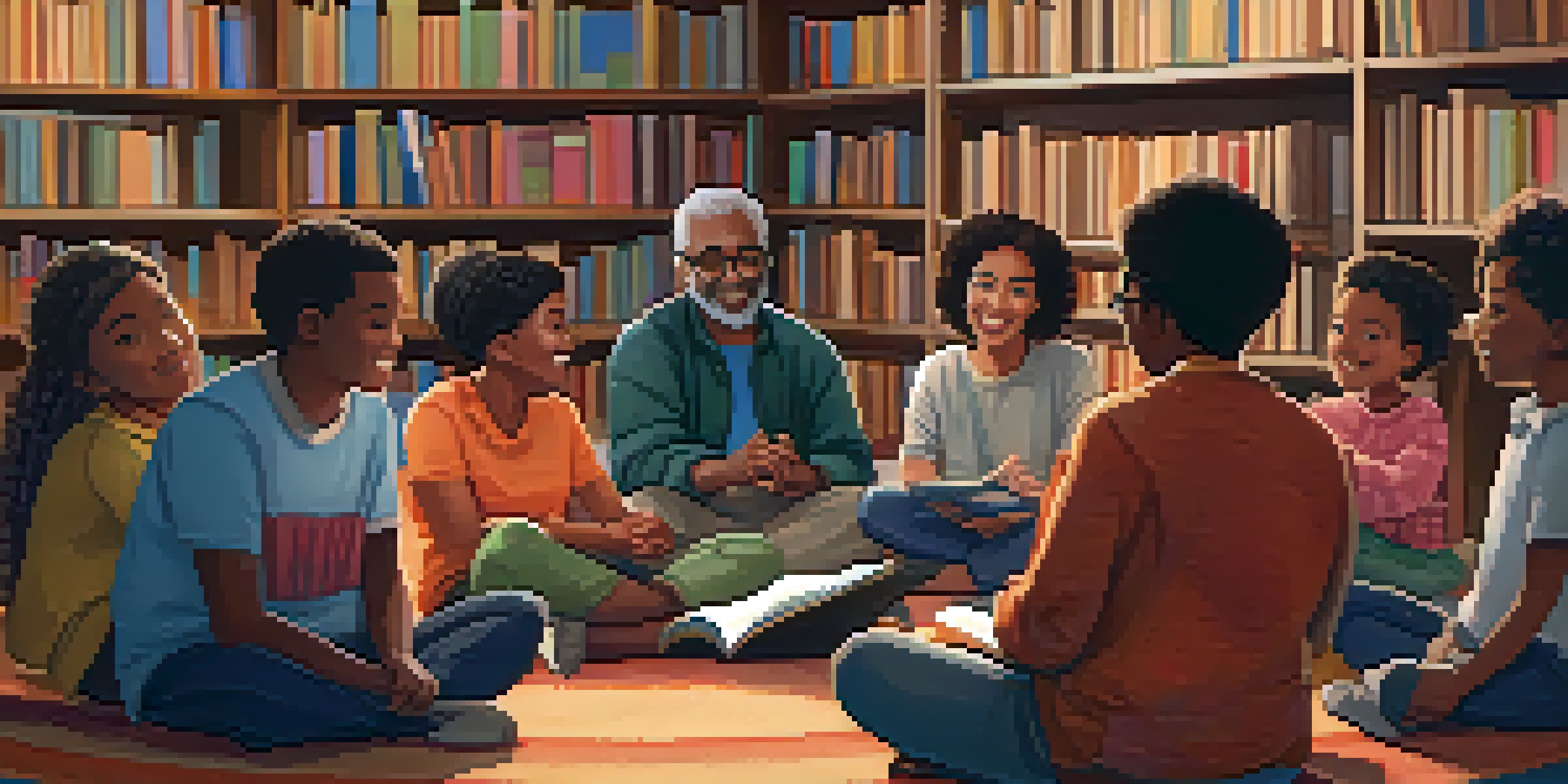 A diverse group of people sitting in a circle in a library, sharing stories in a warm and inviting atmosphere.