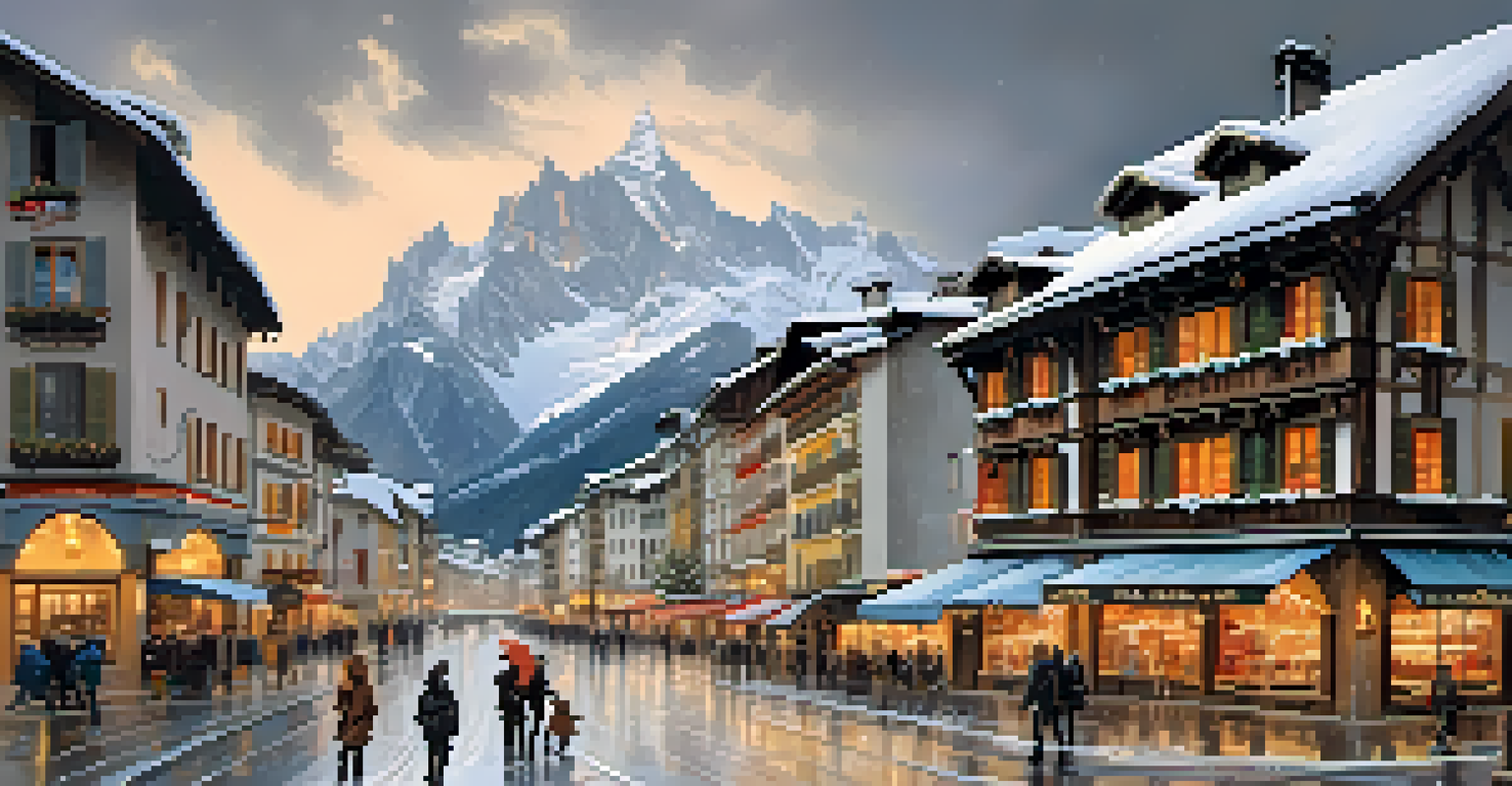 A view of Chamonix with Mont Blanc and skiers in a charming alpine village.