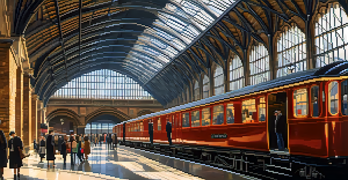 A bustling King's Cross Station showcasing Platform 9¾, with sunlight streaming through the glass roof and travelers in the foreground.