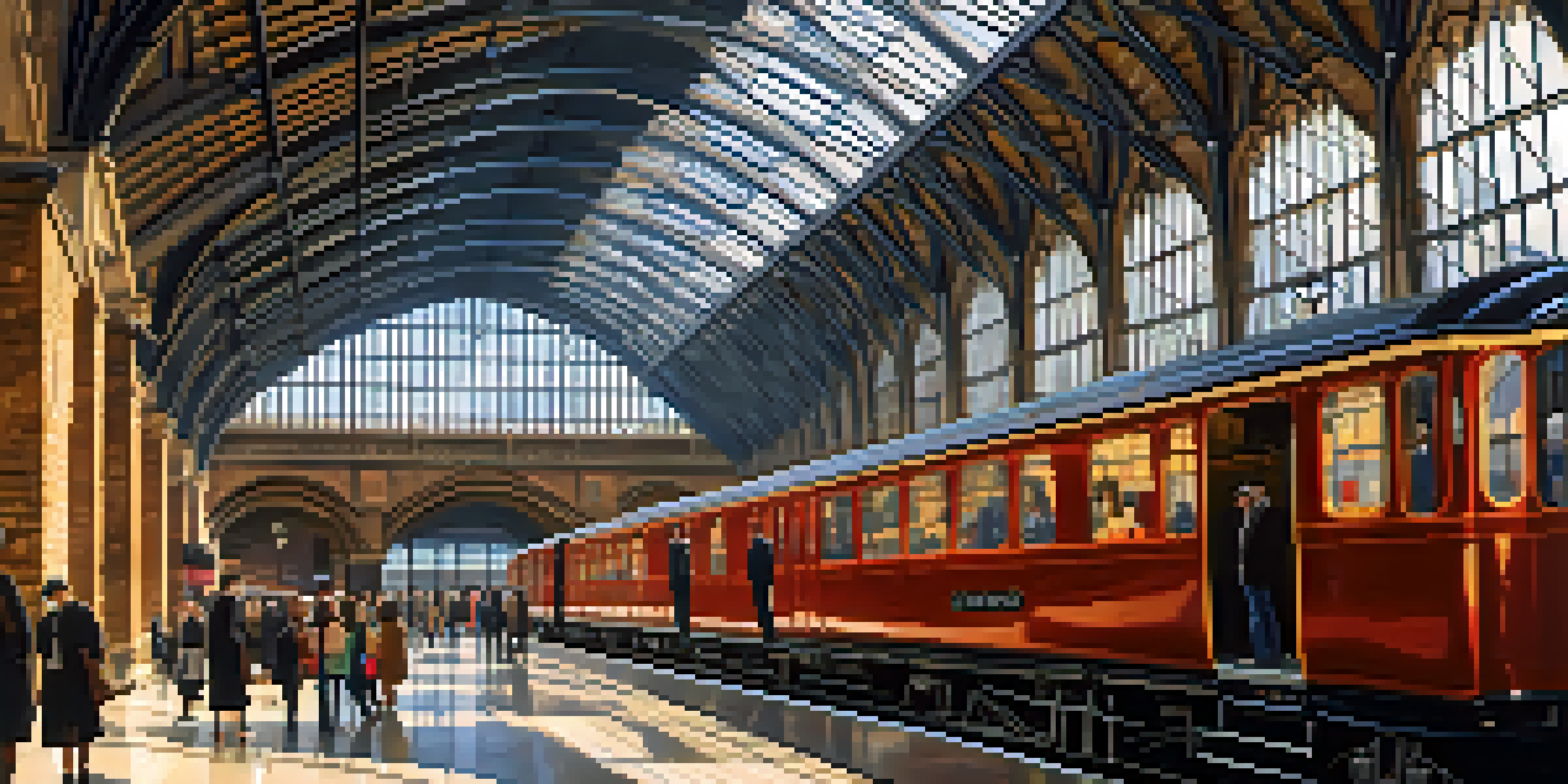A bustling King's Cross Station showcasing Platform 9¾, with sunlight streaming through the glass roof and travelers in the foreground.