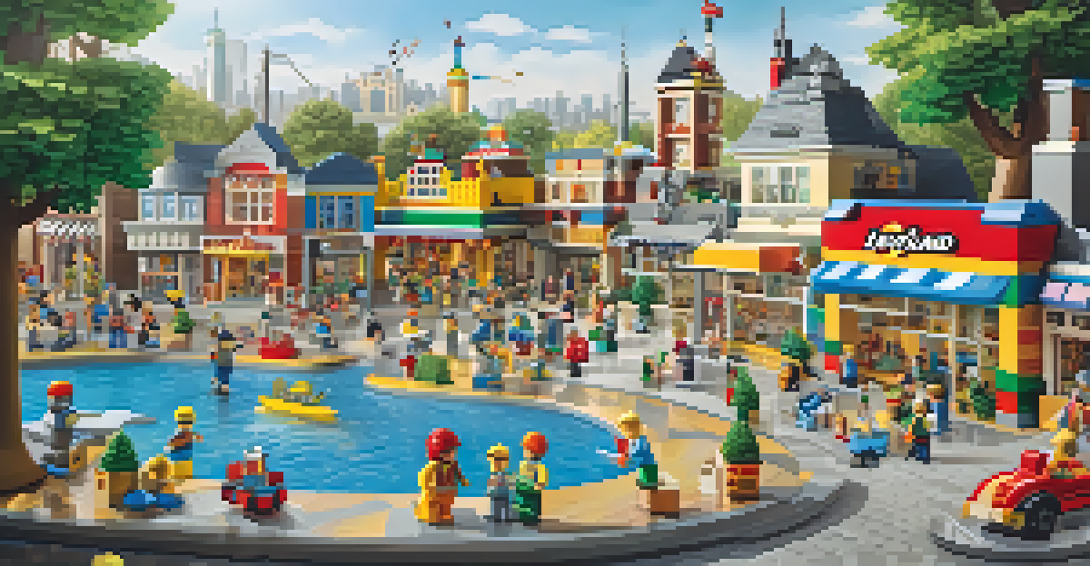 Children participating in a building workshop at Legoland, surrounded by colorful LEGO bricks and miniature structures.