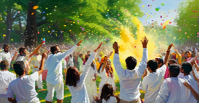 A lively Holi festival with people of various backgrounds throwing colorful powders in a green park, surrounded by blooming flowers.