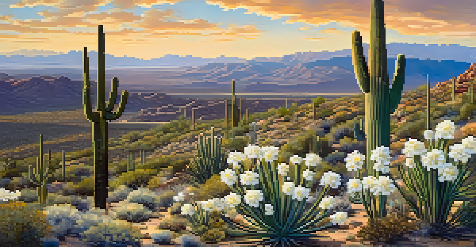 A tall saguaro cactus with blooming white flowers, surrounded by desert plants under a clear blue sky.