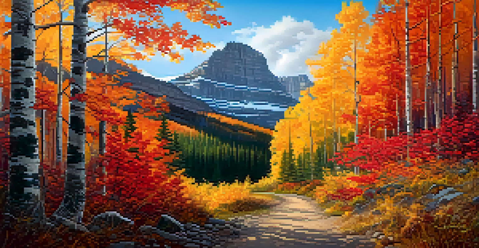 Autumn foliage along a trail in Glacier National Park, with trees in vibrant red, orange, and gold colors under a blue sky.