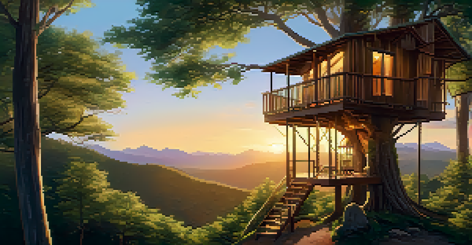 A luxurious treehouse glamping accommodation surrounded by trees and mountains.