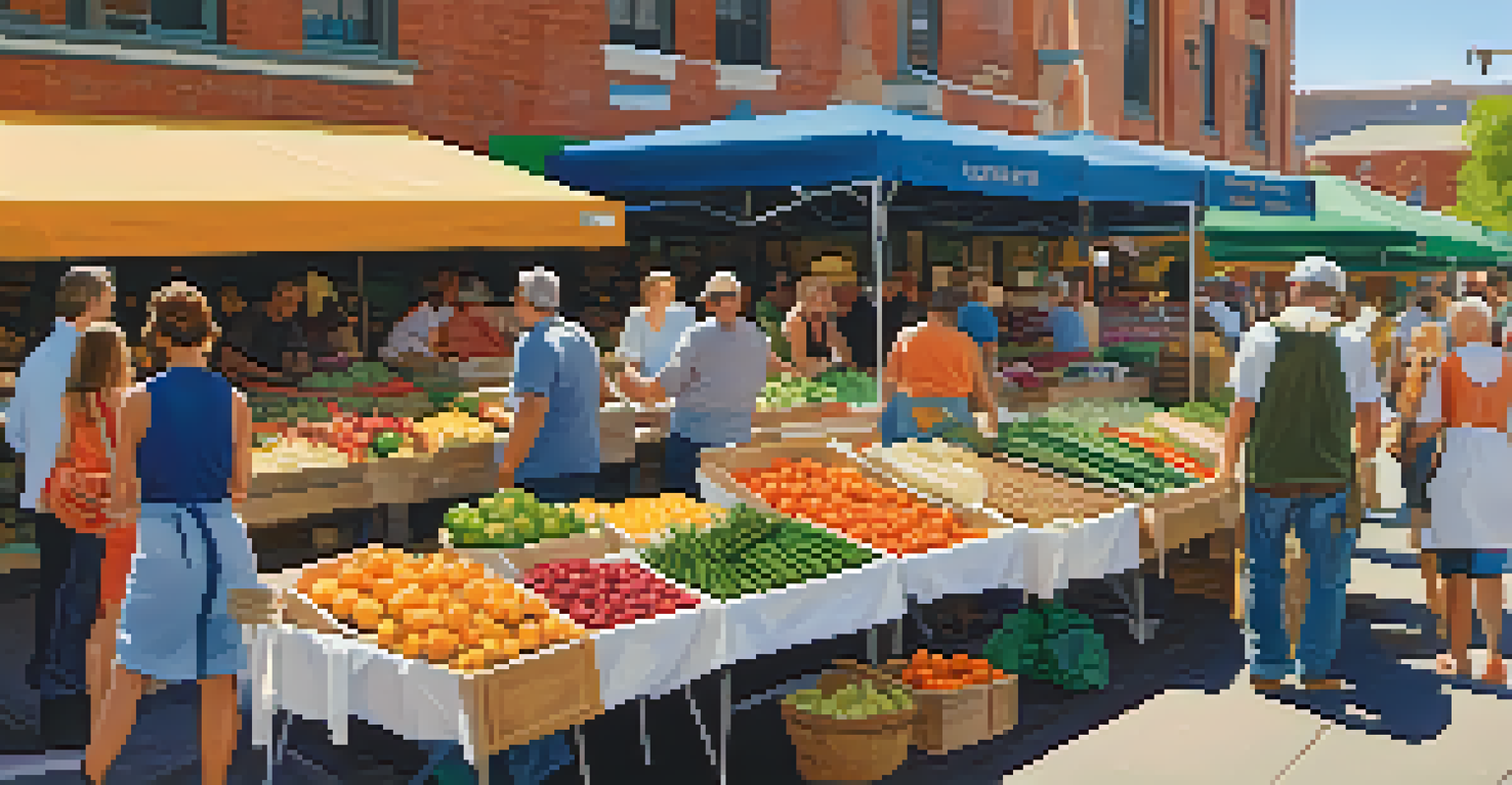 A bustling farmers' market filled with fresh produce, fruits, and bread, with shoppers engaging with local farmers.