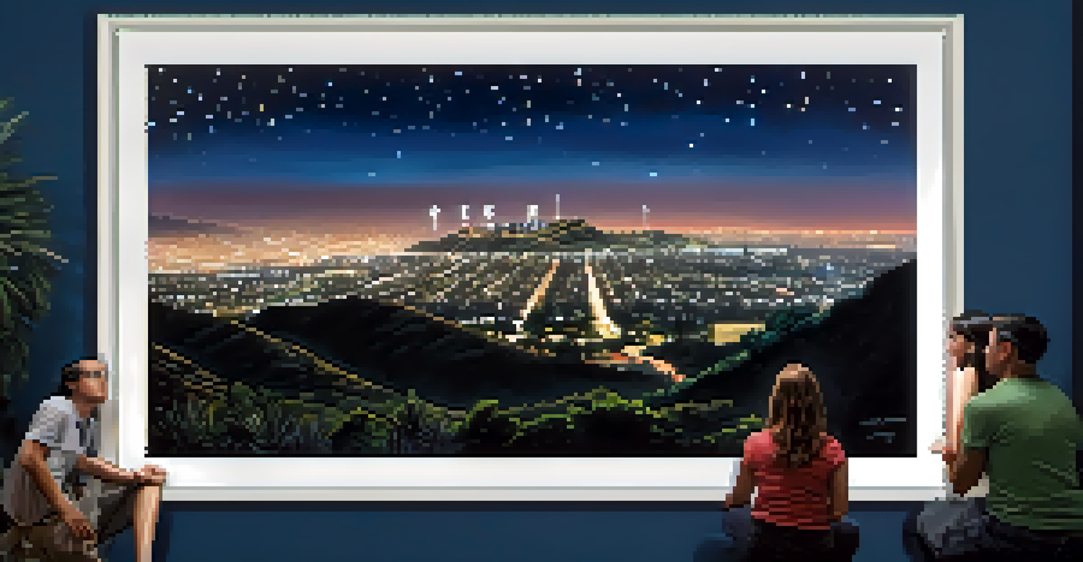 The illuminated Hollywood Sign at night with hikers in the foreground and city lights below.