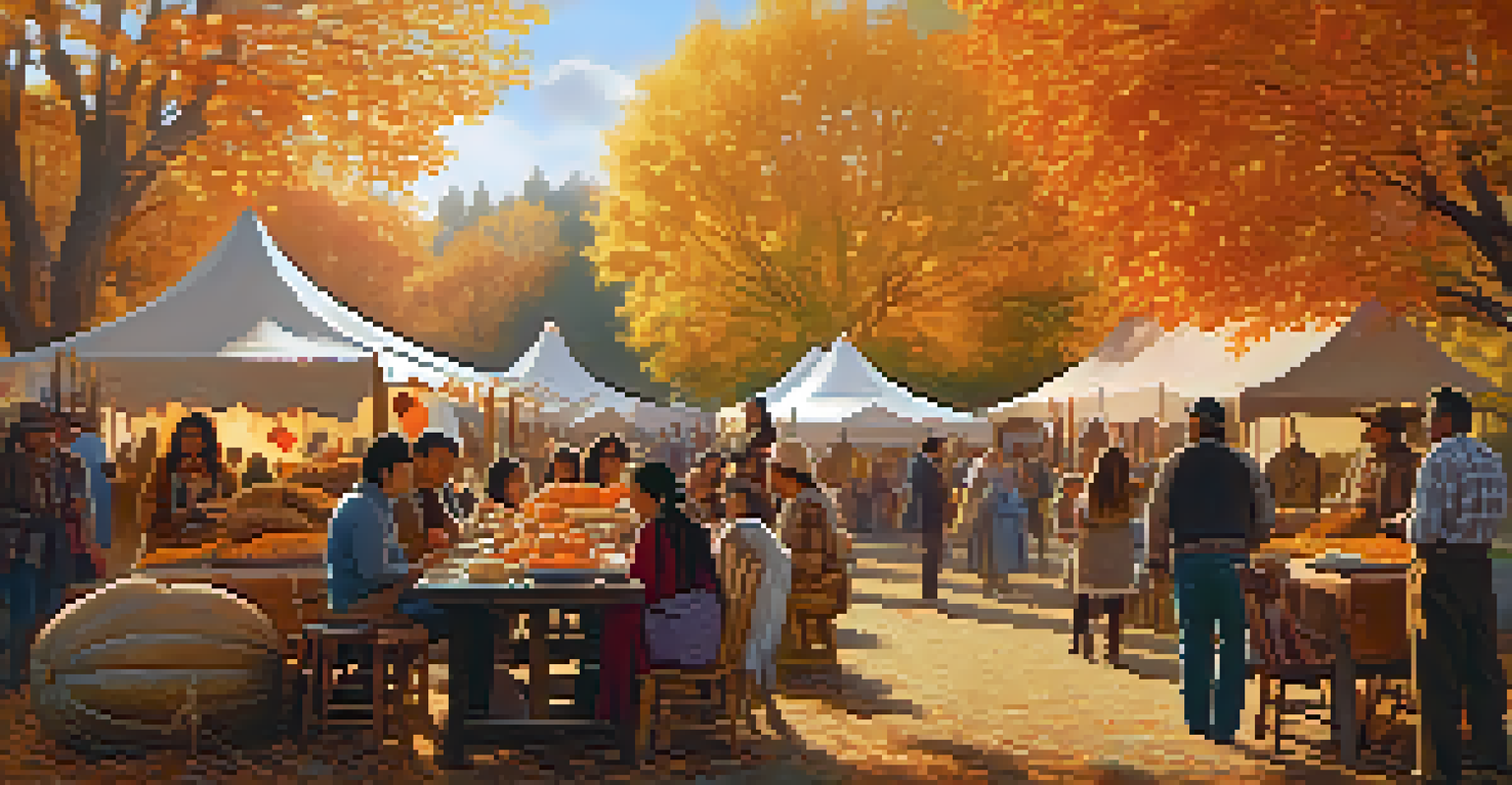 A harvest festival featuring families sharing a meal and traditional crafts surrounded by autumn colors.