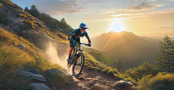 A mountain biker riding down a steep trail amidst greenery and rocks during sunset.