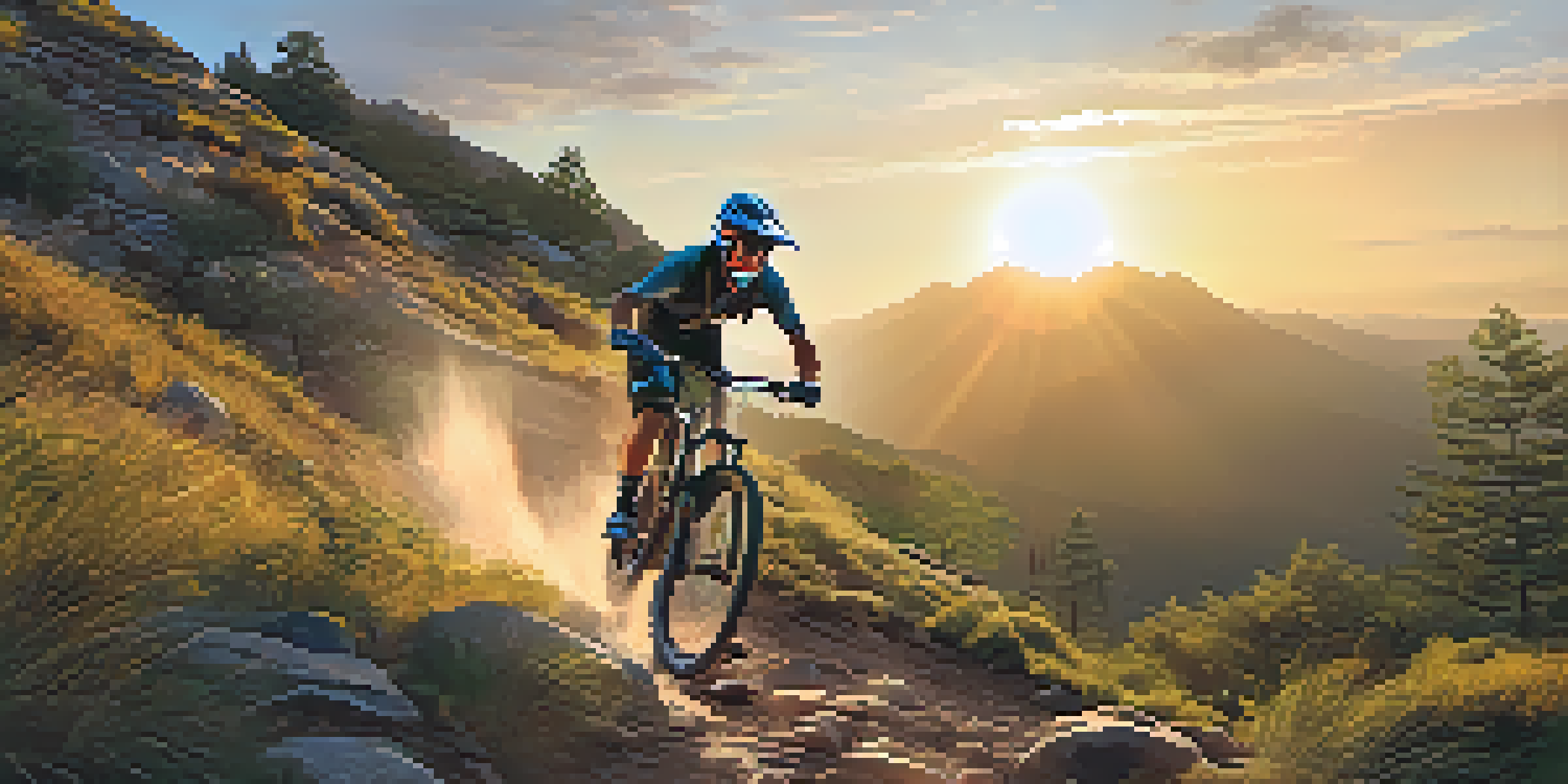 A mountain biker riding down a steep trail amidst greenery and rocks during sunset.