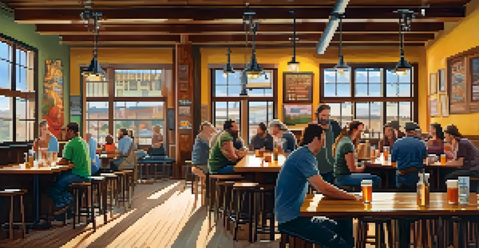 Interior of a cozy local brewery with wooden tables, patrons enjoying craft beers, and a small band playing music.