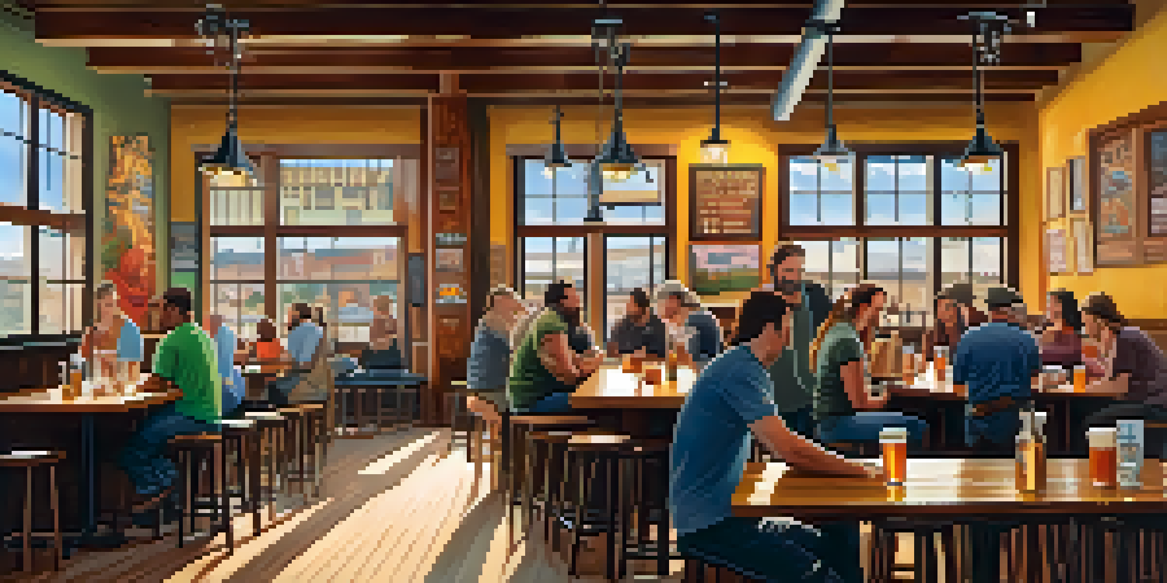 Interior of a cozy local brewery with wooden tables, patrons enjoying craft beers, and a small band playing music.