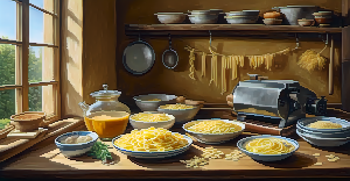 A rustic kitchen with a table of freshly made pasta, sunlight shining through a window, and traditional Italian decor.