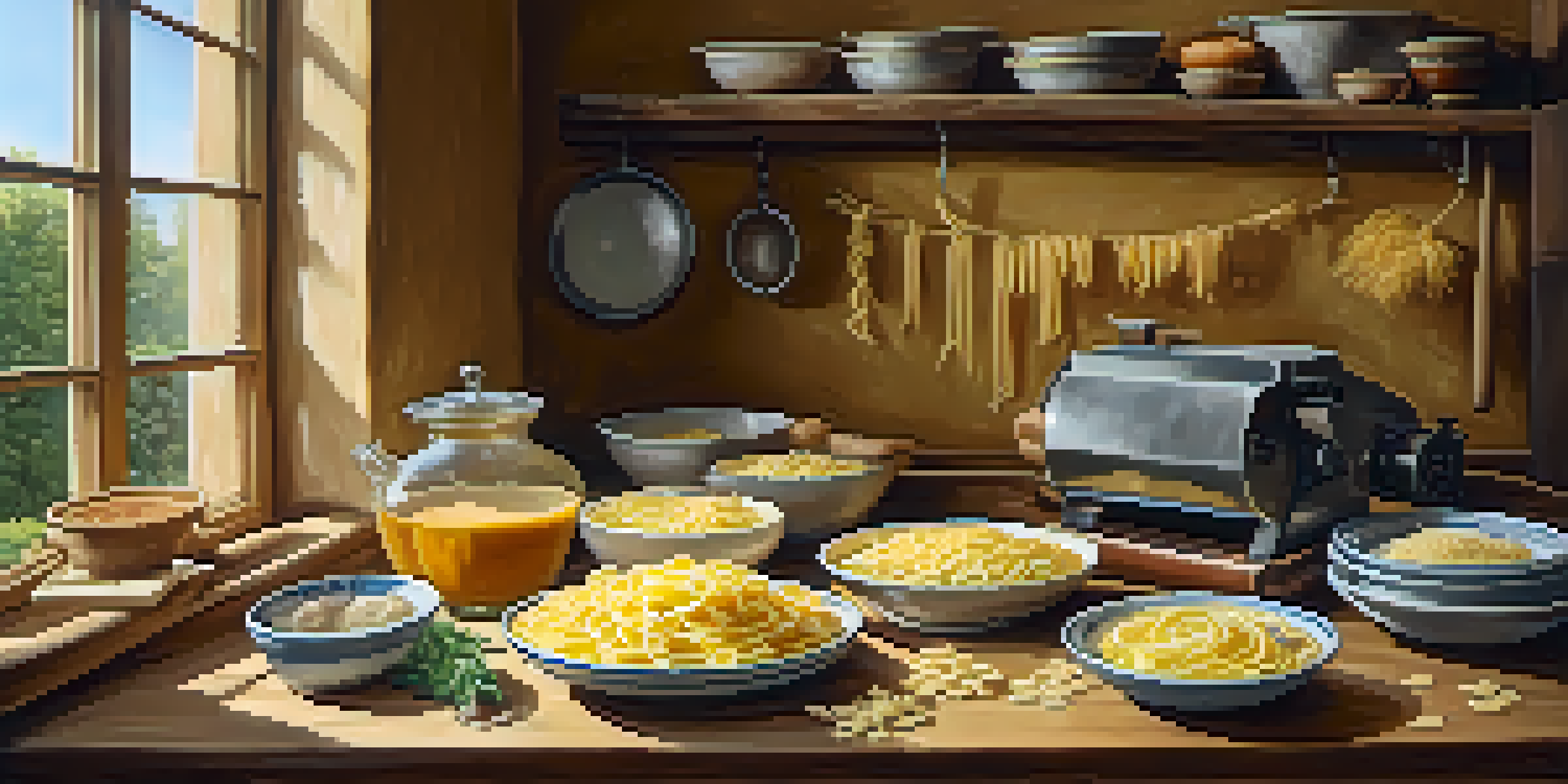 A rustic kitchen with a table of freshly made pasta, sunlight shining through a window, and traditional Italian decor.