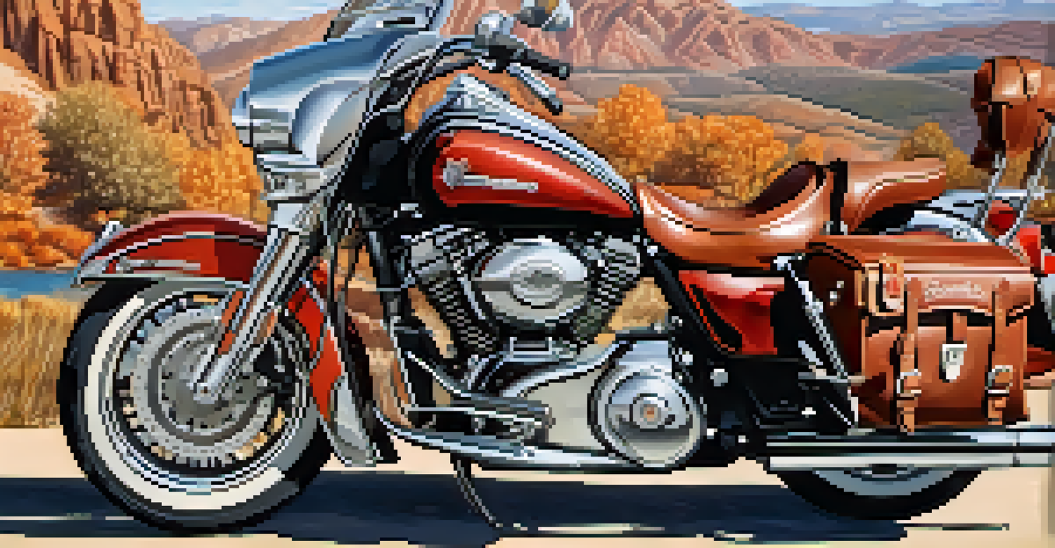A close-up of a packed motorcycle with saddlebags and a helmet, set against a mountain backdrop.